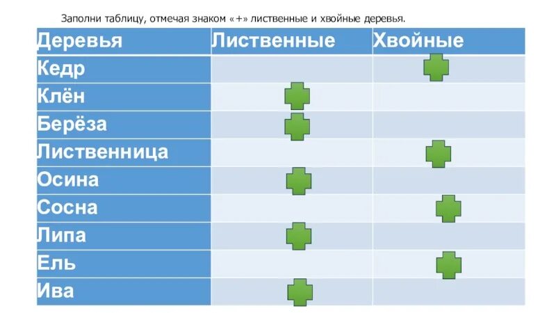 Отметьте в таблице что есть