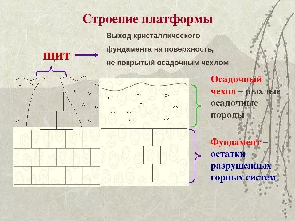 Фундамент и осадочный чехол. Строение платформы. Строение платформы география. Осадочный чехол платформ. Древняя платформа имеет