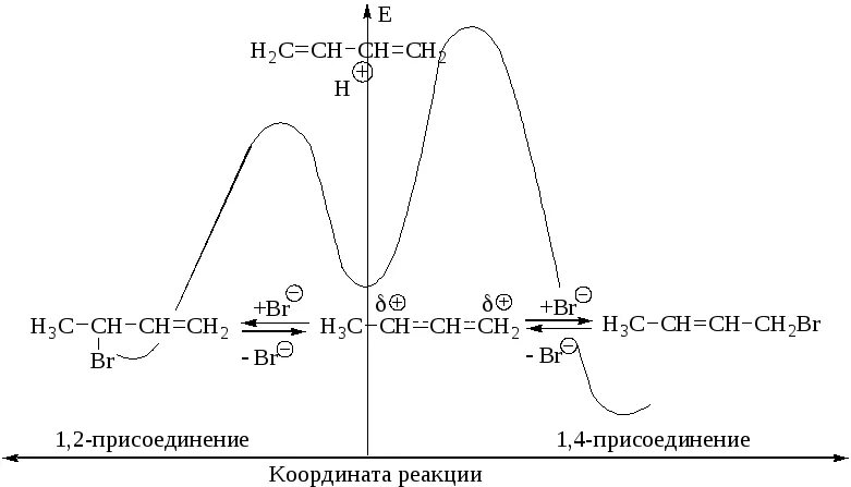 Бутадиен 1 4 бром. Энергетический профиль реакции электрофильного присоединения. Энергетическая диаграмма реакции электрофильного присоединения. Бутадиен 1 3 и бромоводород механизм. Энергетический профиль реакции 1,2-присоединения.