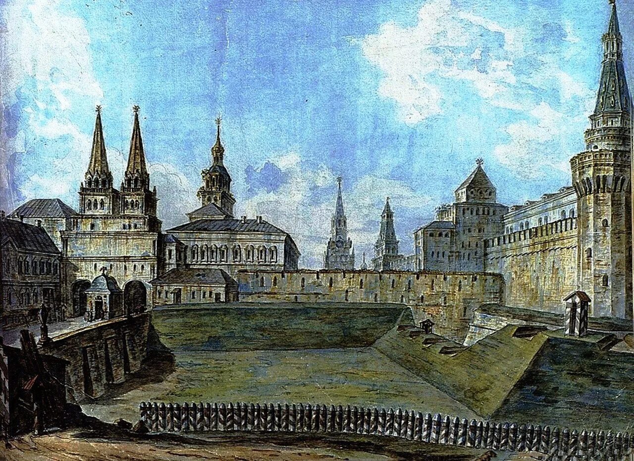 Каким был первый московский кремль. Алевизов ров вокруг Кремля Москва. Воскресенские ворота Москва гравюра 1812.