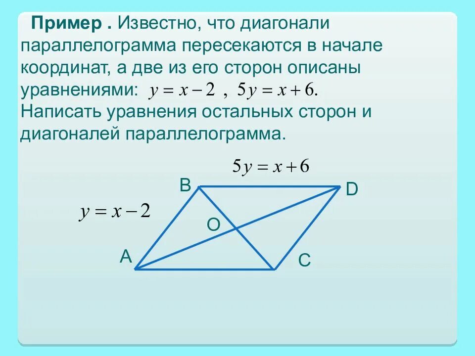 Уравнение диагонали параллелограмма. Диагонали параллелограмма пересекаются. Уравнение сторон и диагоналей параллелограмма. Уравнение диагоналей параллелограмма через координаты. Диагональ bd параллелограмма abc