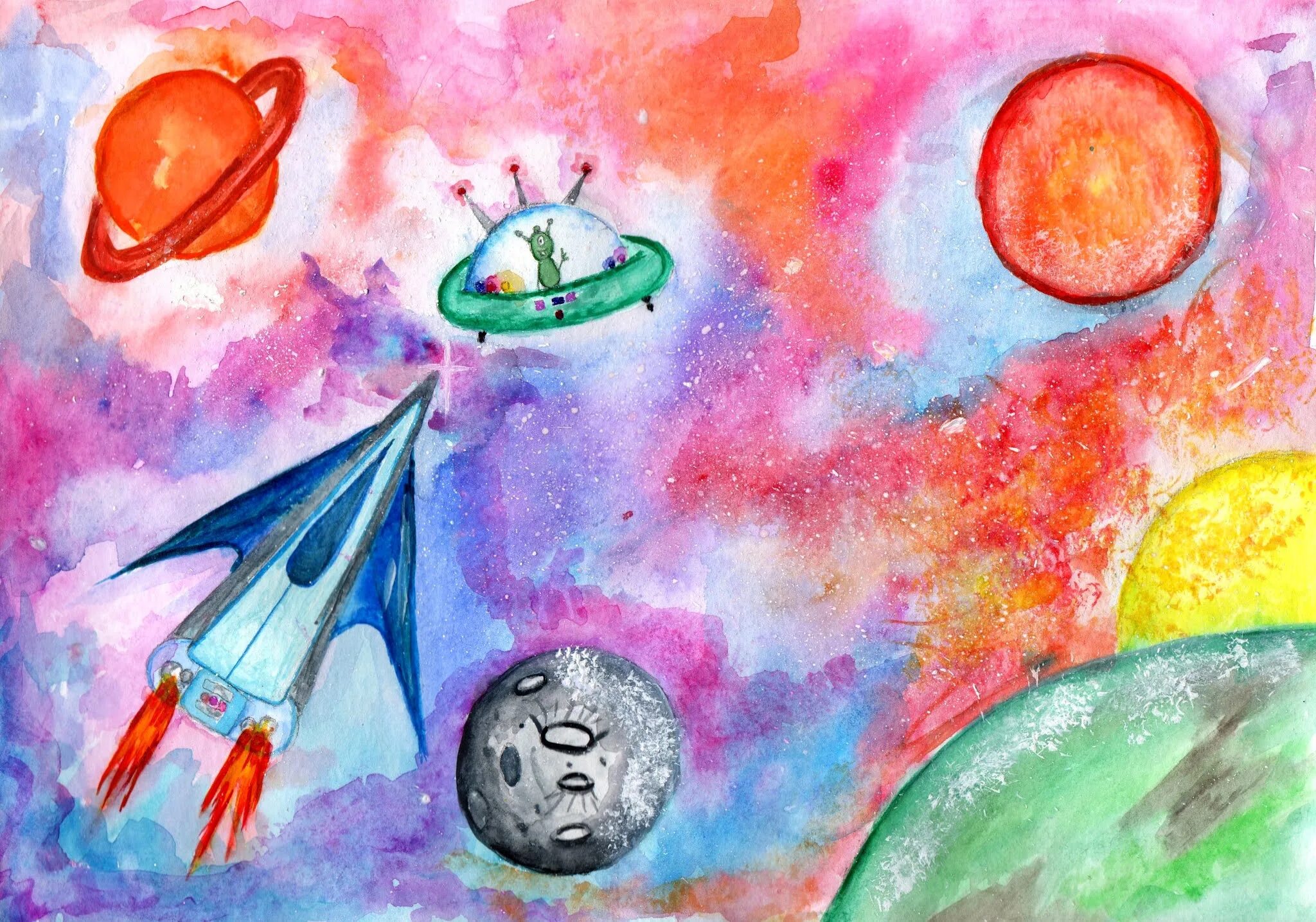 Рисунок на тему космос. Рисунок на космическую тему. Рисунки на тему космос для детей. Рисунок на тему космос красками. Нарисовать космос 4 класс