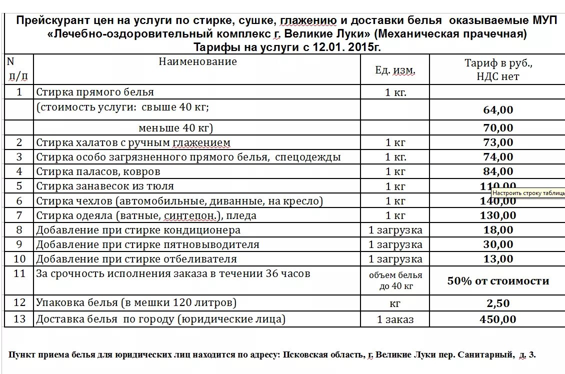 Прейскурант прачечных. Прейскурант прачечных