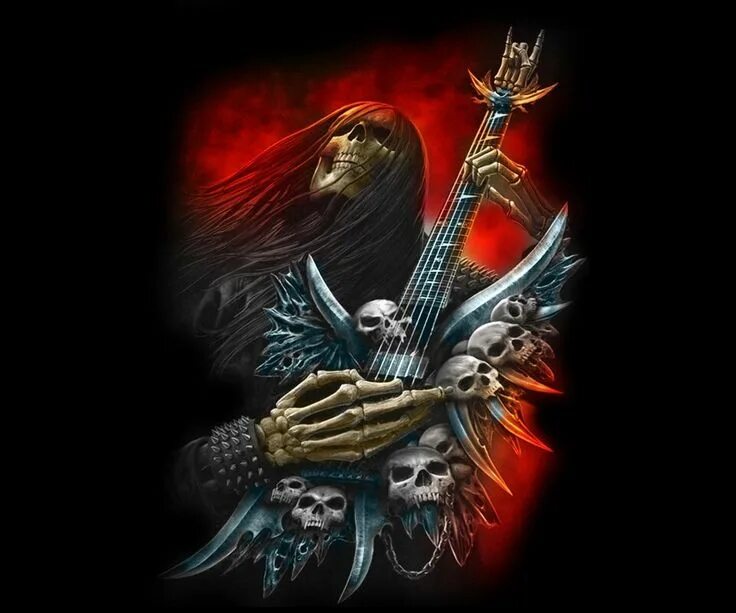 Death рок. Хеви металлистки арт. скелет рокер. рок арт. смерть с гитарой.