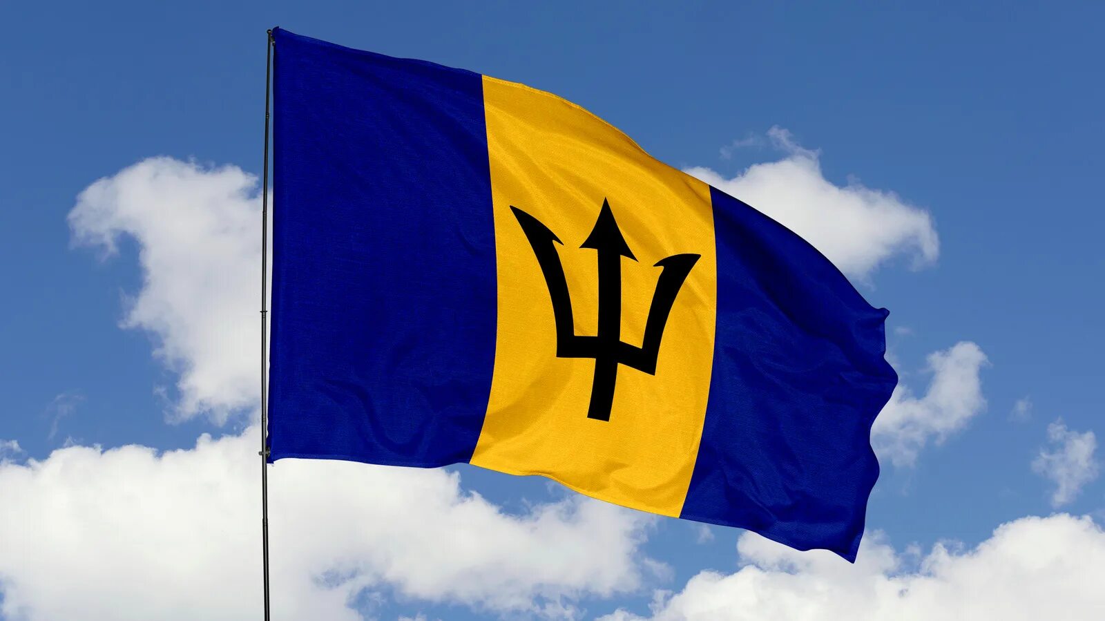 Флаг Барбадоса. Флаг с трезубцем. Барбадос флаг фото. Флаг синий желтый синий с трезубцем. Барбадос флаг