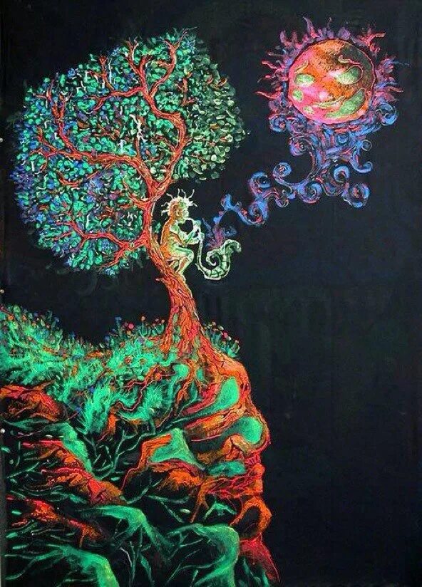 Дерево психоделика. Флуоресцентные картины. Картины флуоресцентными красками. Флуоресцентная абстракция.