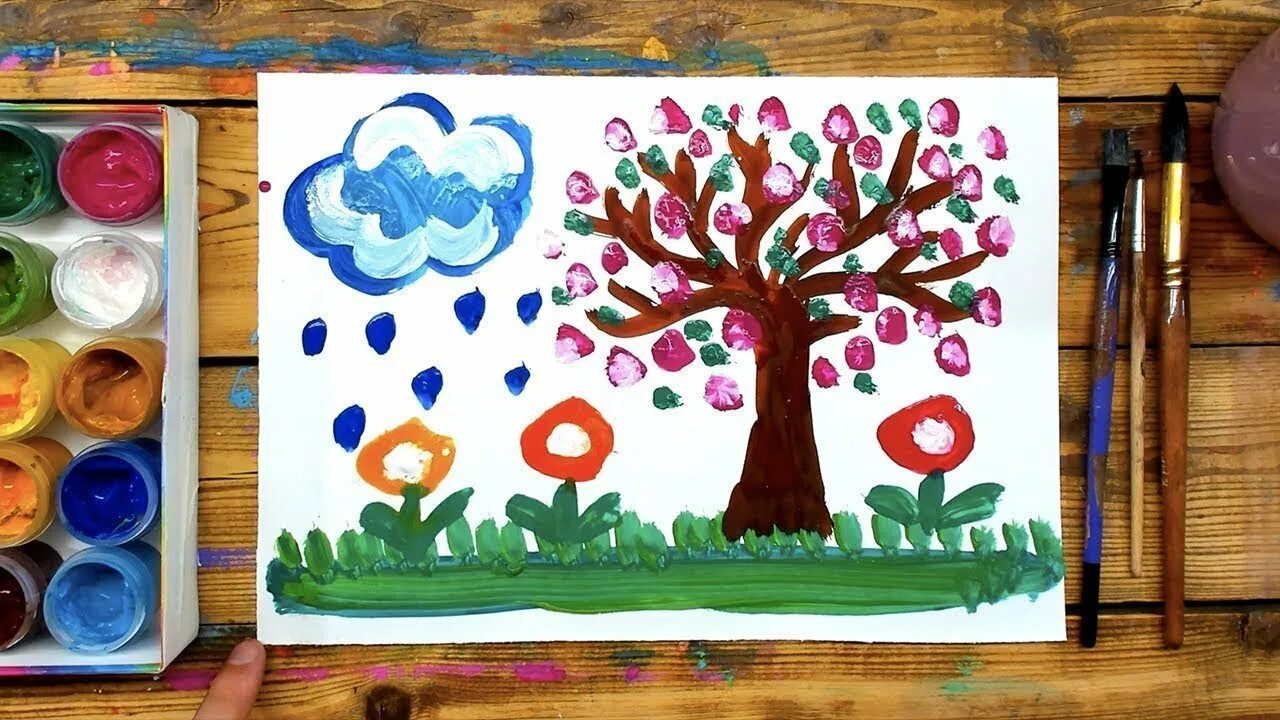 Рыба кит папа рисует пейзаж. Рисунки красками. Рисование красками для детей. Рисунки дладэтей красками.