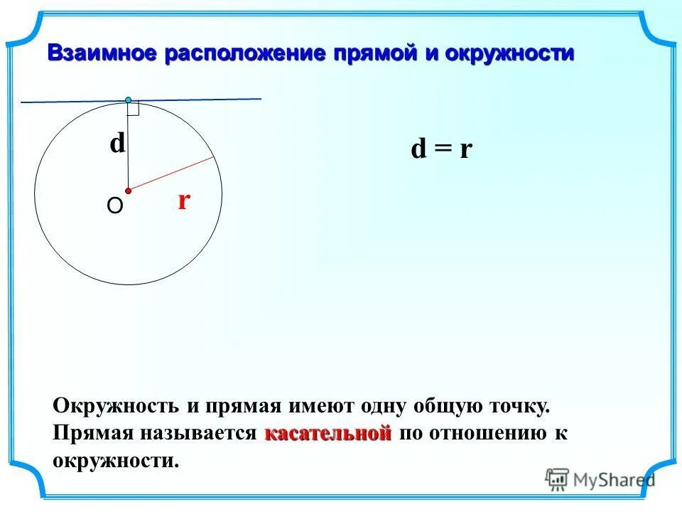 Взаимное расположение прямой и окружности на плоскости. Взаимное расположение прямой и окружности доказательство. Взаимное расположение прямой к окр. Взаимное расположение прямой и окружности. D r окружность и прямая.