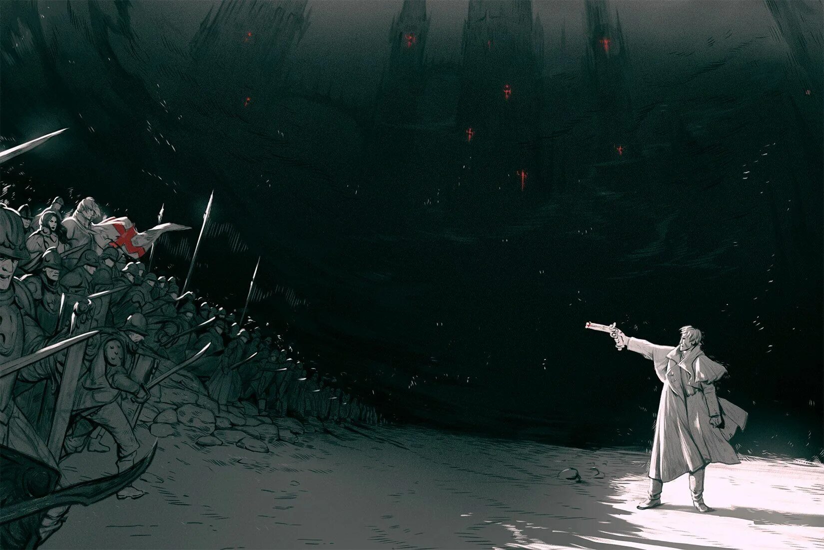 битвы фэнтези. воин в окружении врагов. выделяется из толпы. один воин. окружение врага.