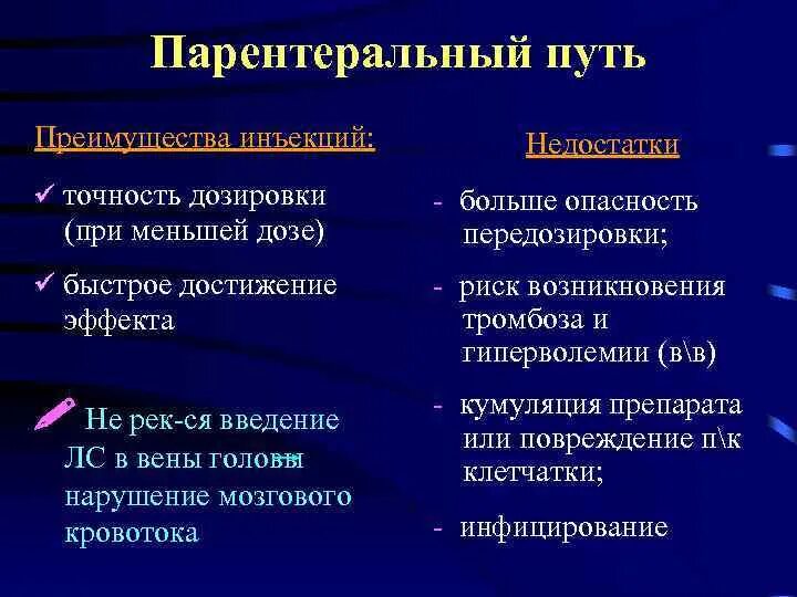 Преимущества энтерального введения лекарственных средств. Преимущества парентерального введения лекарственных средств. Недостатки парентерального введения лекарственных средств. Преимущества инъекционного метода введения лекарственных средств:. Парентеральное Введение преимущества и недостатки.