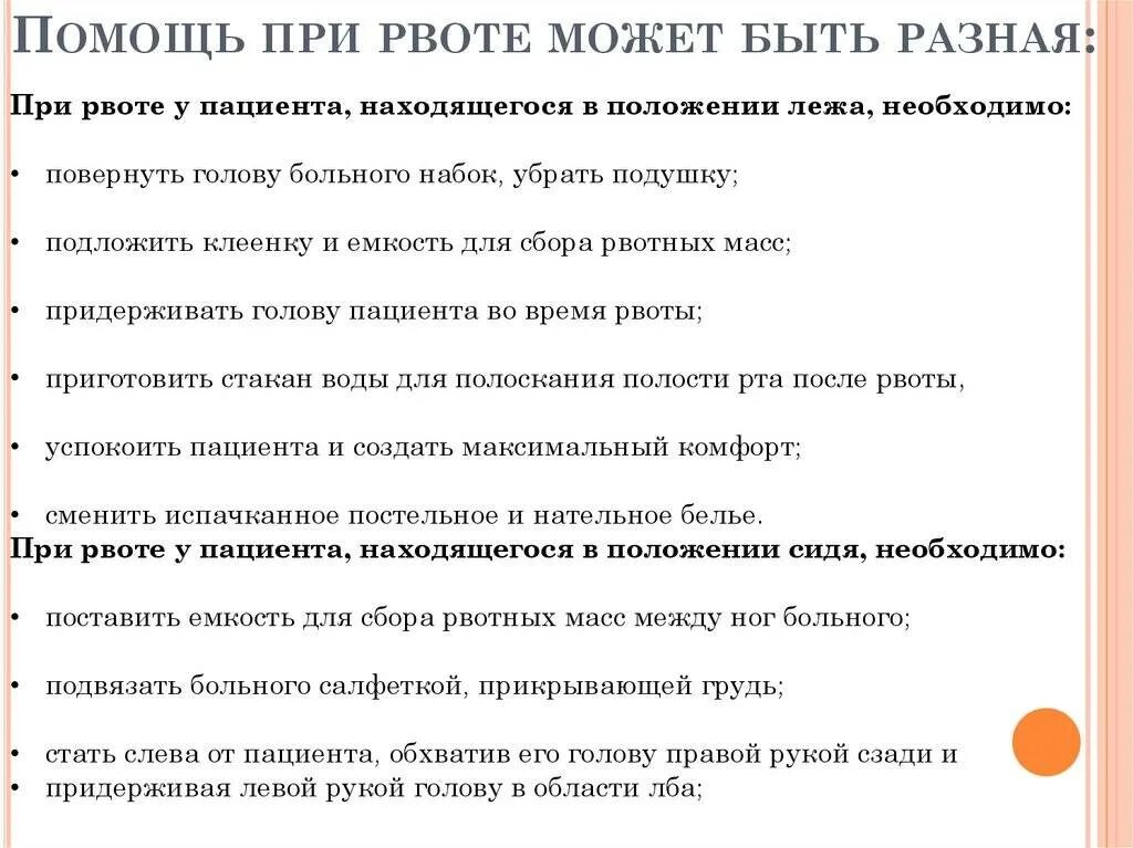 Что делать при сильной рвоте. Оказание первой доврачебной помощи при рвоте. Оказание доврачебной помощи при тошноте, рвоте. Первая помощь пациенту при рвоте. Алгоритм оказания неотложной помощи при рвоте.