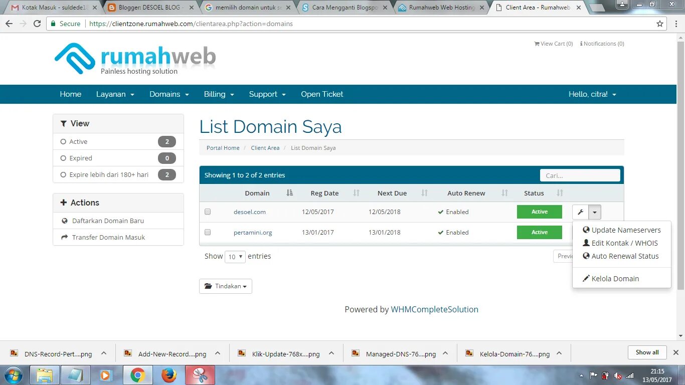 Domain status transfer period. Tickets list.