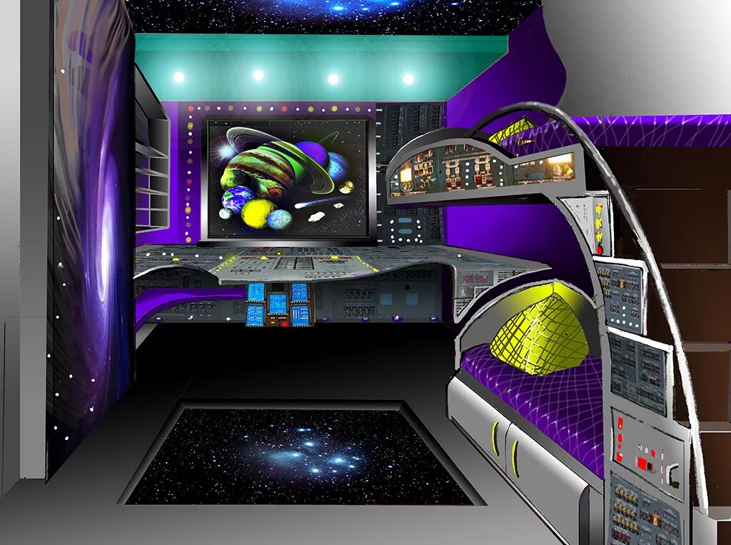 Детская будущего. Интерьер в космическом стиле. Комната в космическом стиле. Детская кровать в космическом стиле. Комната в стиле космического корабля.