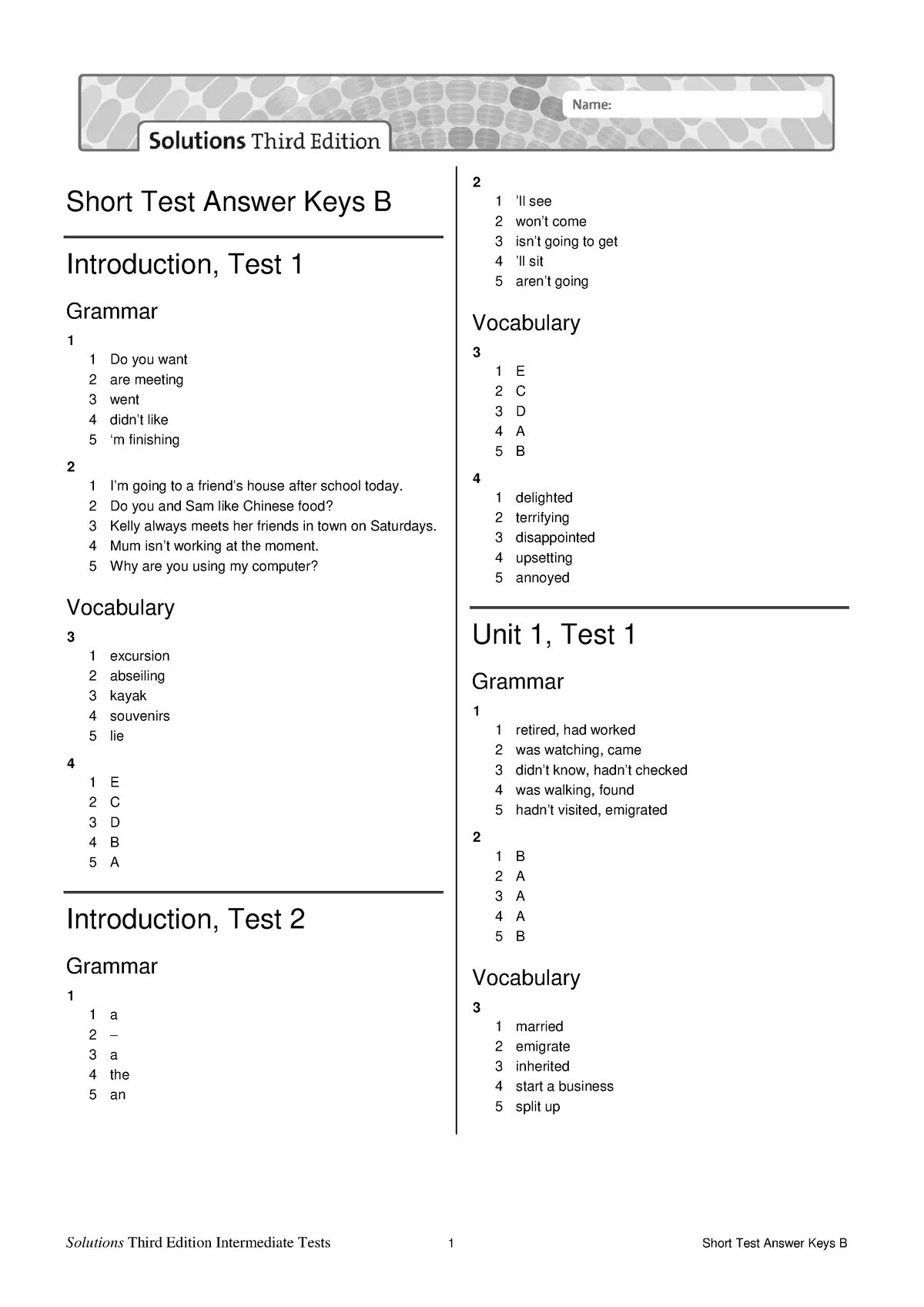 Introduction Unit short Test 1a solutions third Edition ответы. Intermediate Unit 2 Test ответы. Unit 2 short Test 1a Grammar ответы. Unit 3 short Test 2a ответы Intermediate. Unit 1 a e