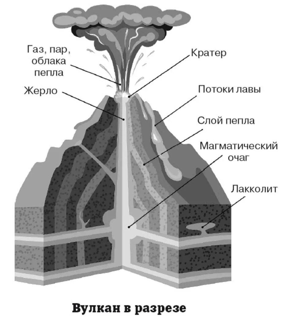 Структура вулкана в разрезе. Схема вулкана в разрезе. Вулканы строение типы извержений. Строение вулкана схема черно белая. Слои и элементы строения