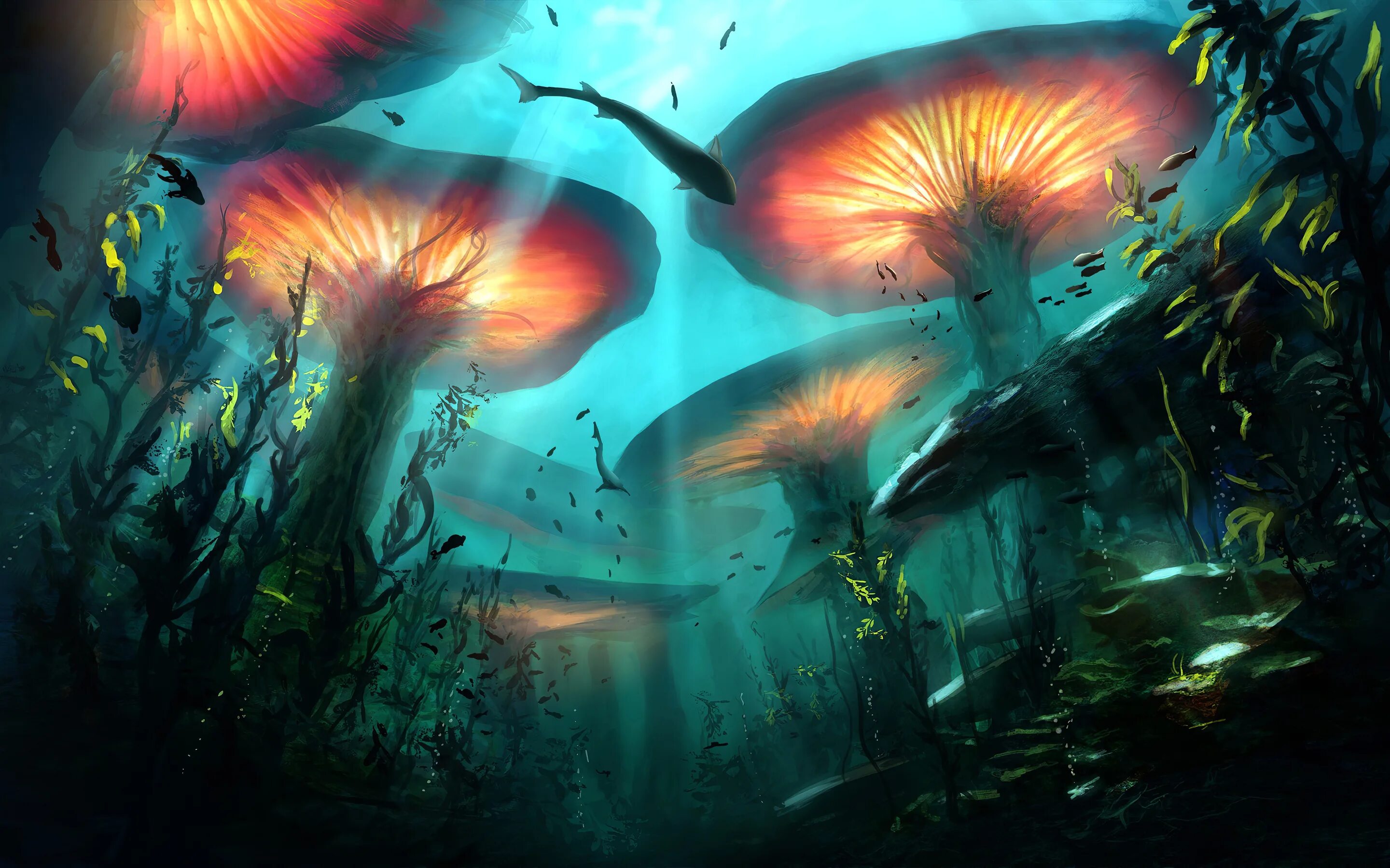 Водоросли и свет. Фантастический подводный мир. Подводный пейзаж. Волшебный подводный мир. Подводный мир фантастика.