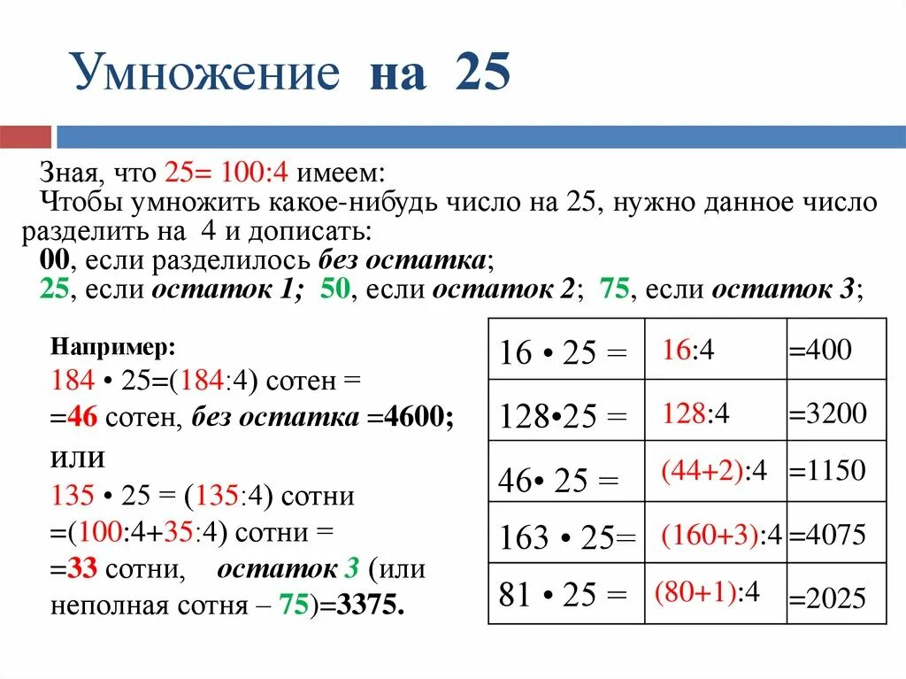 17 25 умножить на 1 1. Как считать умножение. Приемы быстрого умножения на 25. Умножение на двузначное число. Как быстро считать умножение.