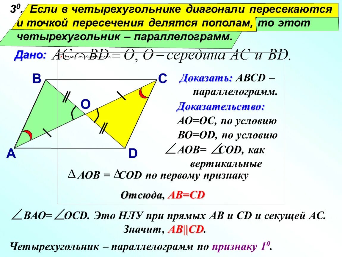 Стороны попарно равны у каких фигур. Доказательство 3 признака параллелограмма. Три признака параллелограмма с доказательством. Доказательство второго признака параллелограмма. Доказательство первого признака параллелограмма.