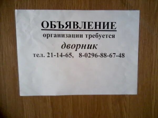 Объявление о приеме на работу образец. Объявление требуется дворник образец. Объявление требуется на работу. Примеры объявлений о приеме на работу.