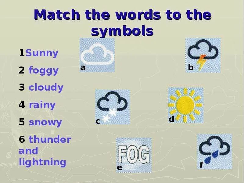 Английский язык 3 класс тема погода. Weather задания 2 класс. Открытый урок 2 класс английский тема погода. Презентация погода 2 класс английский язык. Match the weather symbols to the Words.
