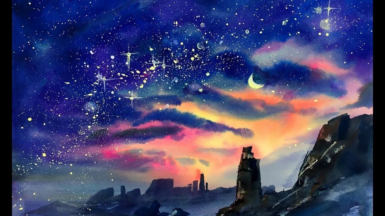 Художник небо звездное рисует составить предложение. Ночное небо акварелью. Звездное небо акварель. Нарисованное звездное небо. Падающая звезда акварель.