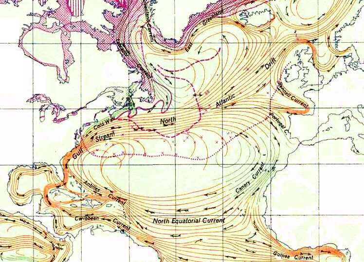 Самое большое течение в атлантическом океане. Течение Гольфстрим на карте. Гольфстрим на карте Атлантического океана. Океан течение Гольфстрим. Течения в Северной Атлантике.