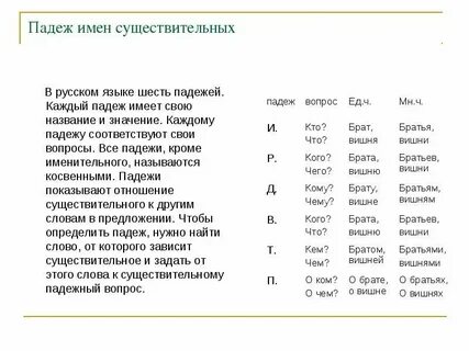 Падежи и вопросы к существительным