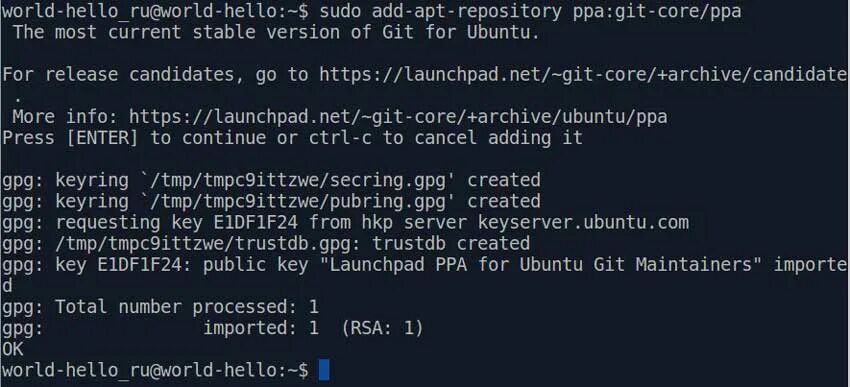 Sudo apt add. Репозитории Linux примеры. Apt-get install git. [GPG Linux example. Hellow World вылазиет командана строка.