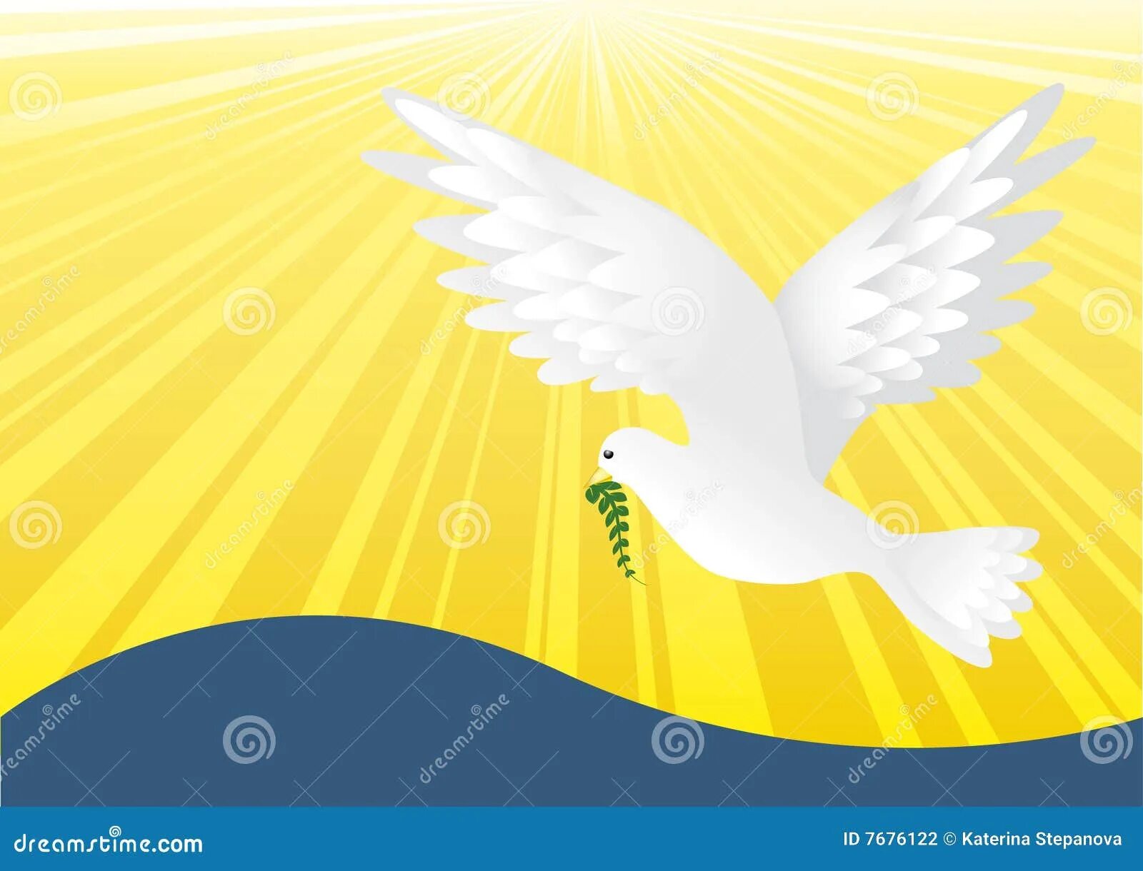 Белый голубь в лучах солнца. Разноцветный голубь на желтом фоне держит веточку.