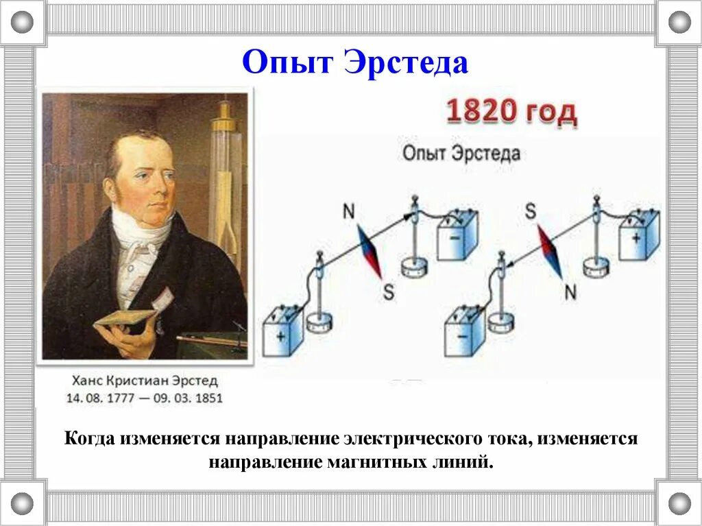 В чем суть опыта эрстеда. Ханс Кристиан Эрстед опыт. Опыт Эрстеда 9 класс. Опыт Эрстеда по обнаружению магнитного поля. Эрстед физик опыт.