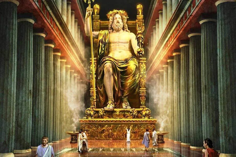 3 Чудо света статуя Зевса в Олимпии. Скульптура Фидия Зевс Олимпийский. Статуя Зевса в Олимпии храм. Самый высокий бог