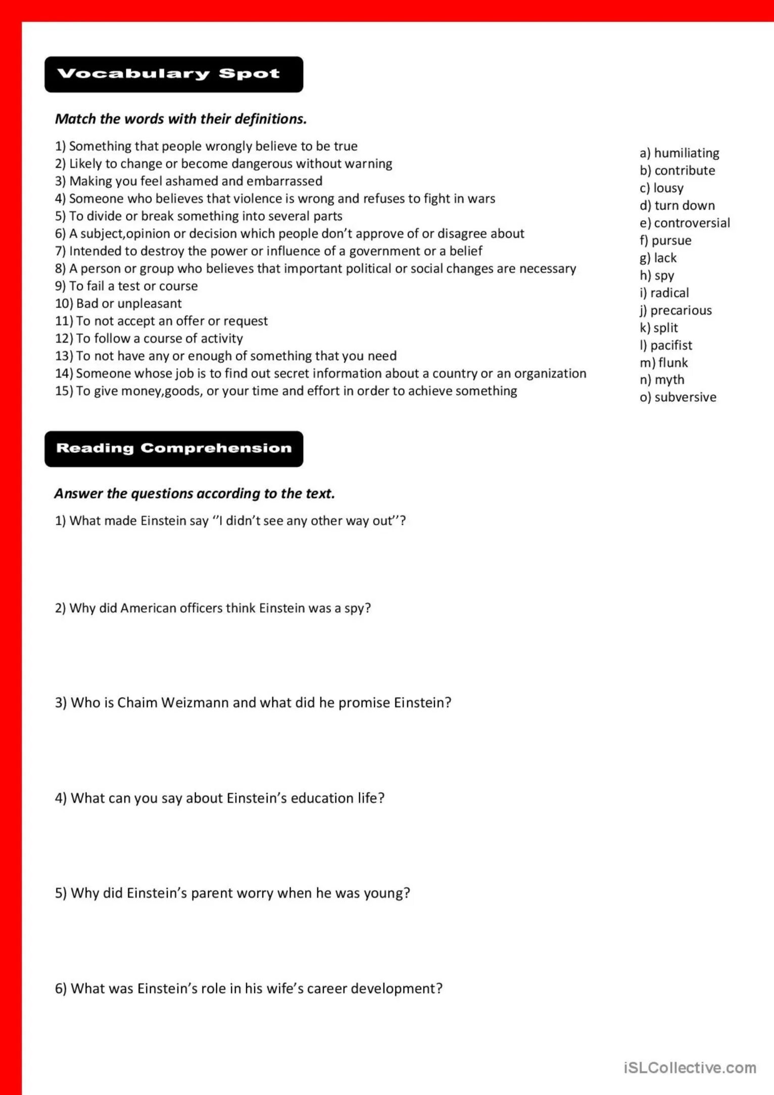 Match the Words with their Definitions no to do something that was offered. Text about what i believe in. Any other questions