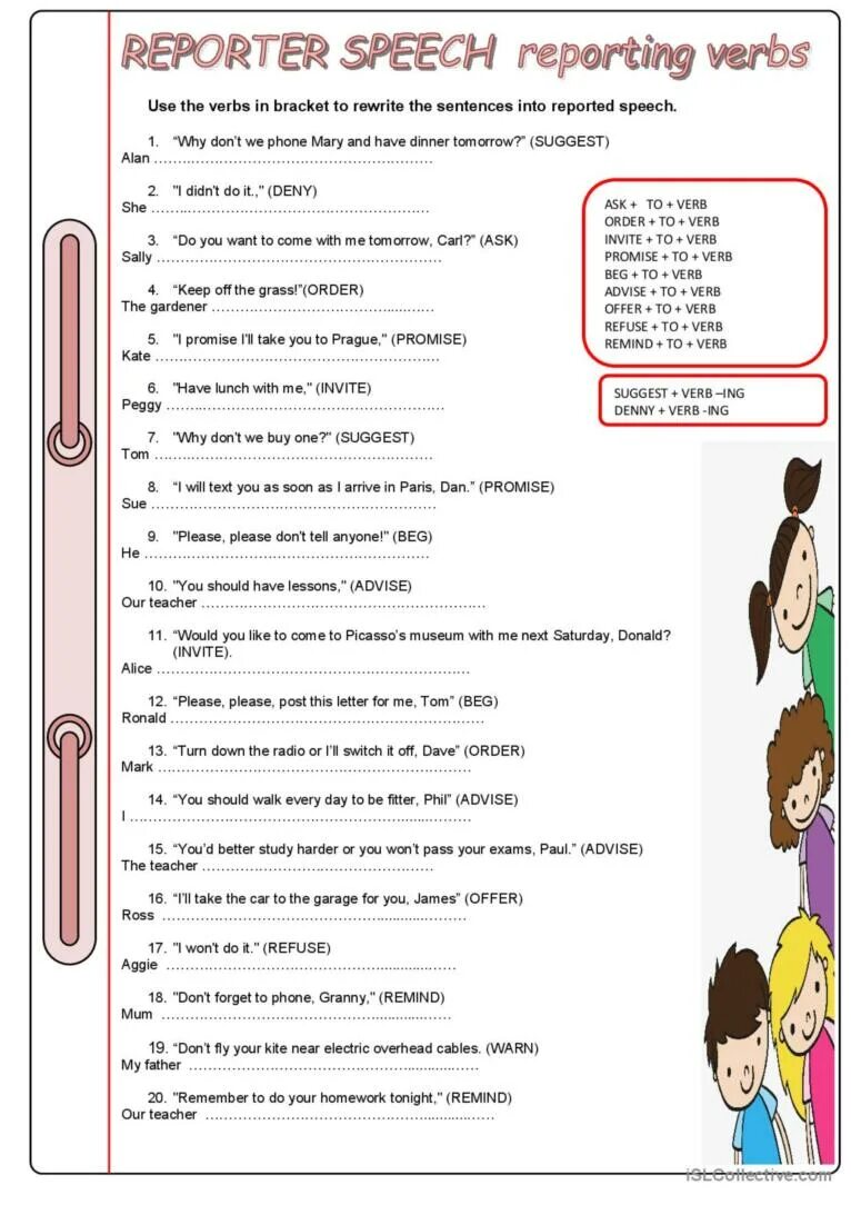 Reporting verbs в английском языке. Reported Speech упражнения. Reported Speech упражнения Worksheets. Report Speech в английском упражнения. Reported offer