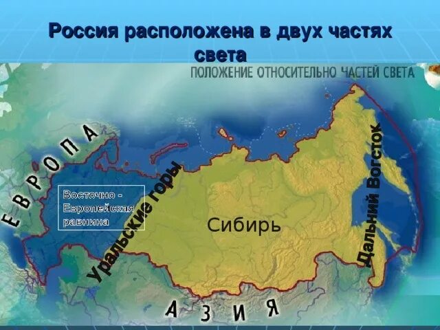 Большая часть расположена. Части света России. Расположение России на материке. Части света на карте России. Россия расположена в двух частях света.