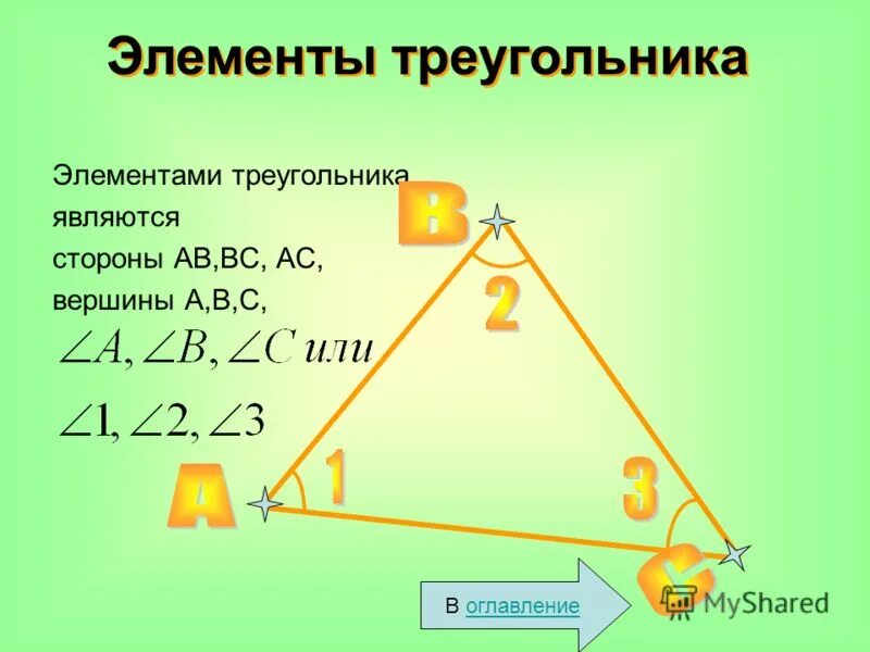 Указать элементы треугольника