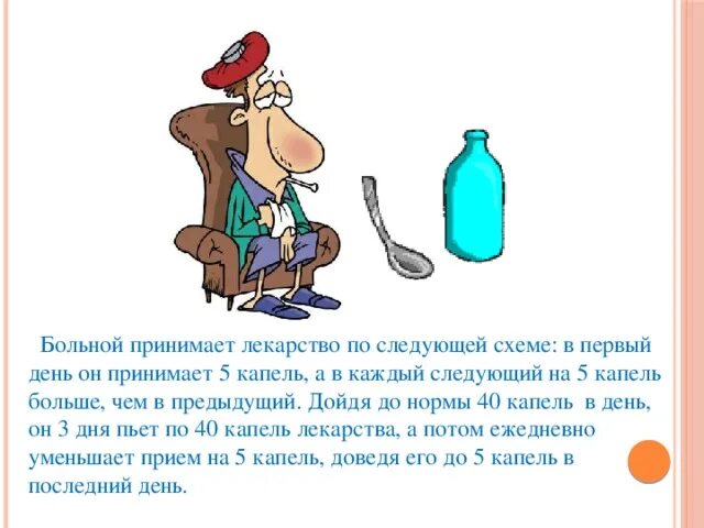 Лекарства следующий день. Больной принимает лекарство по следующей схеме в первый. больной принимает лекарство по следующей схеме в первый день 5. врач прописал больному капли. врач прописал больному капли по следующей схеме в первый день 5 капель.