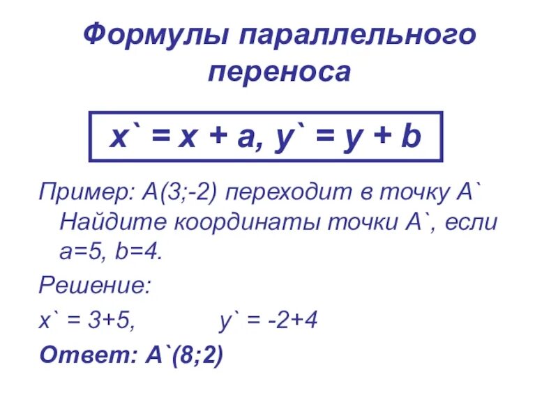 Формула параллельного переноса. Перенос формул. Параллельный перенос на вектор формула. Параллельный перенос геометрия формулы. Параллельный перенос задан вектором 2 4