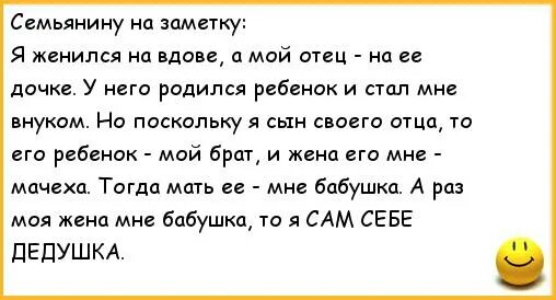 Дочка заменяет папе жену. Сам себе дед анекдот. Анекдот про вдову и батюшку. Я женился на вдове. Выходит я сам себе дедушка.