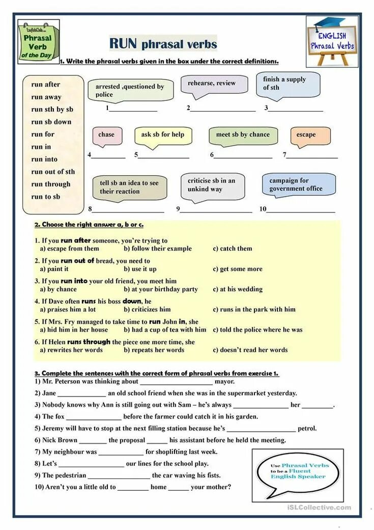 Where where they read and complete. Фразовый глагол с глаголом Run. Задания на Phrasal verbs. Фразовый глагол Run упражнения. Run with Фразовый глагол.