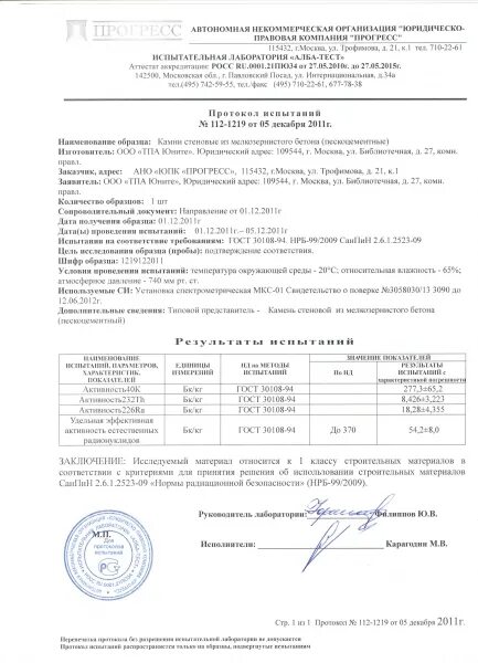 Результаты испытаний кубиков