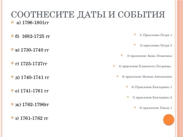 Соотнесите даты и события. Соотнесите даты и события 1682-1725. события с 1682 по 1725. события в россии с 1796 по 1801. даты с 1682 по 1725.
