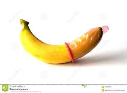Photo about Yellow banana curve wearing a condom isolate on white backgroun...