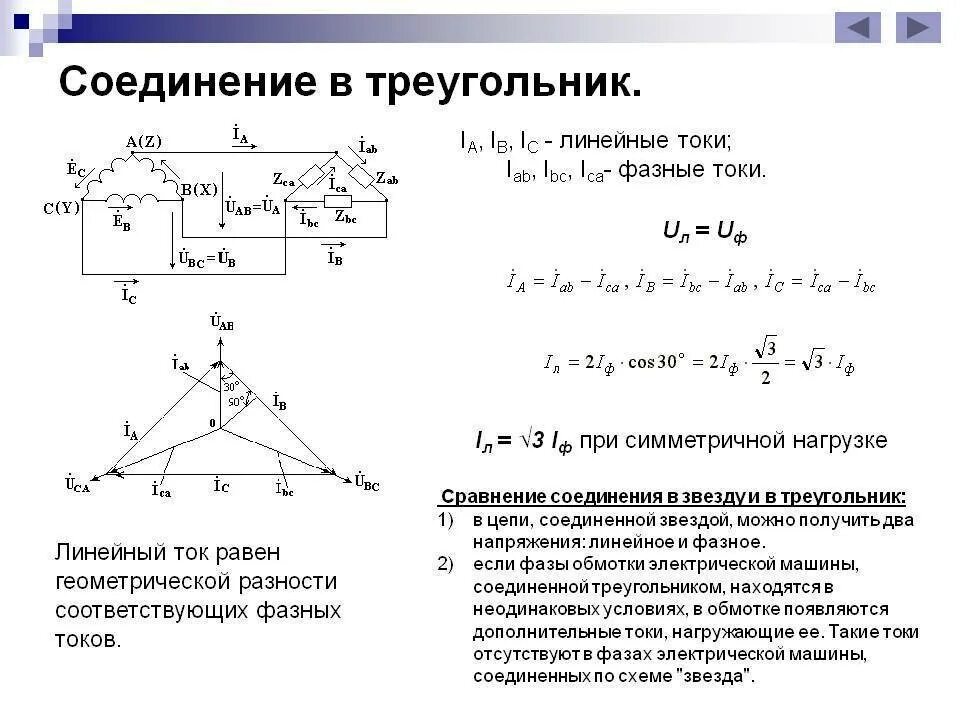 Соединение звезда и треугольник напряжение. Фазные напряжения нагрузки при соединении в треугольник. Фазный ток при соединении звездой. Линейный ток в трехфазной цепи. Соединение треугольником в трехфазной цепи.