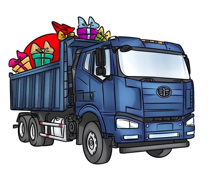 грузовик с подарками. фура с подарками. фургон с подарками. машина везет подарки. грузовик с подарками.