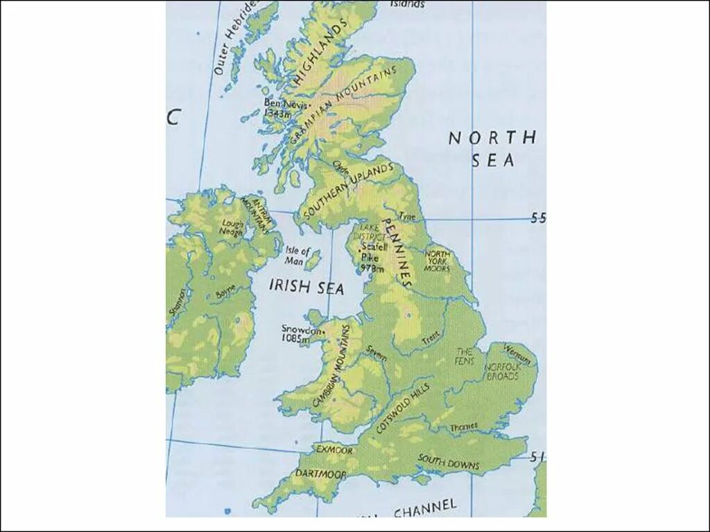 Seas of britain. Рельеф Великобритании карта. Хребты Великобритании на карте. Рельеф британских островов. Карта Великобритании горы и реки.