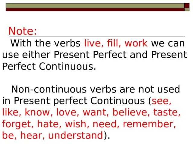 Non continuous verbs. Know в present perfect Continuous. Know present perfect. Глагол Live в present perfect.