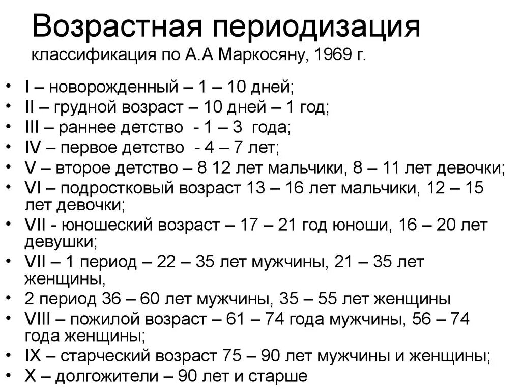 Периодизация по возрасту. Возрастная периодизация Маркосян. Возрастная психология классификация возрастов. Возрастная периодизация Бунак 1965. Возрастная периодизаци.