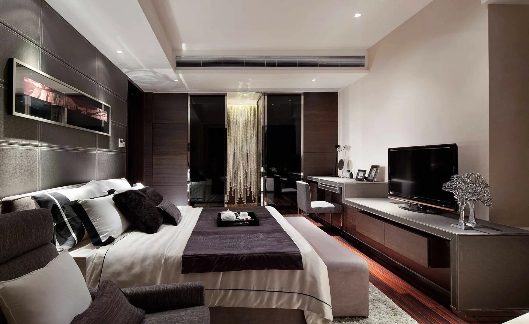 Спальня в современном стиле. Дизайнерская спальня. Красивая стильная спальня. Интерьер спальни в современном стиле.