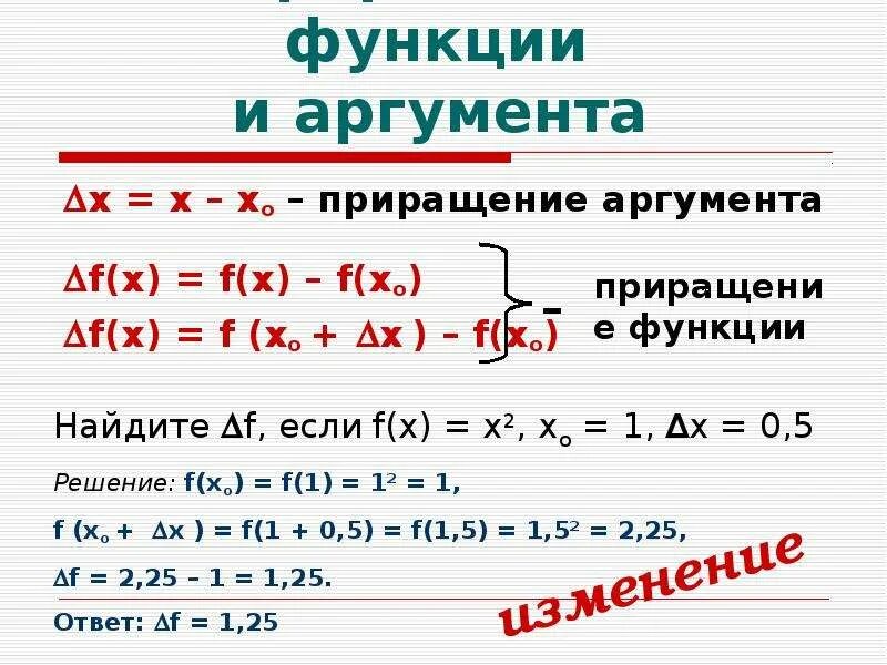 Приращения вычисленные. Как найти превращение функции. Решение задач на нахождение приращения аргумента и функции. Формула нахождения приращения функции. Приращение функции в точке x0.