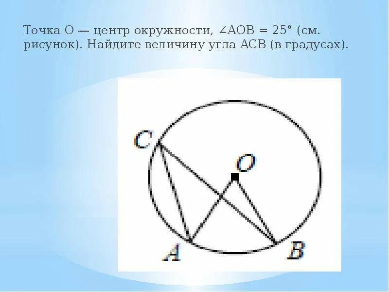 Точка о центр окружности аоб 72